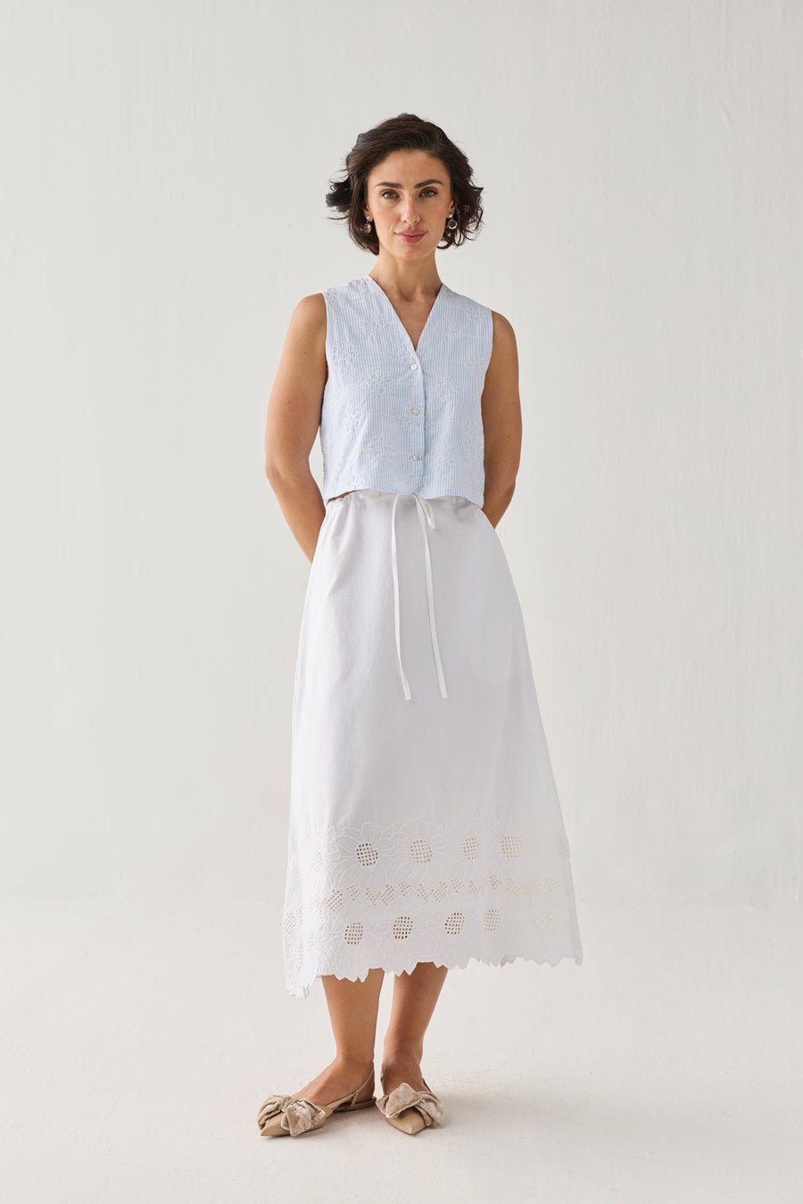 Embroidered Midi Skirt in White