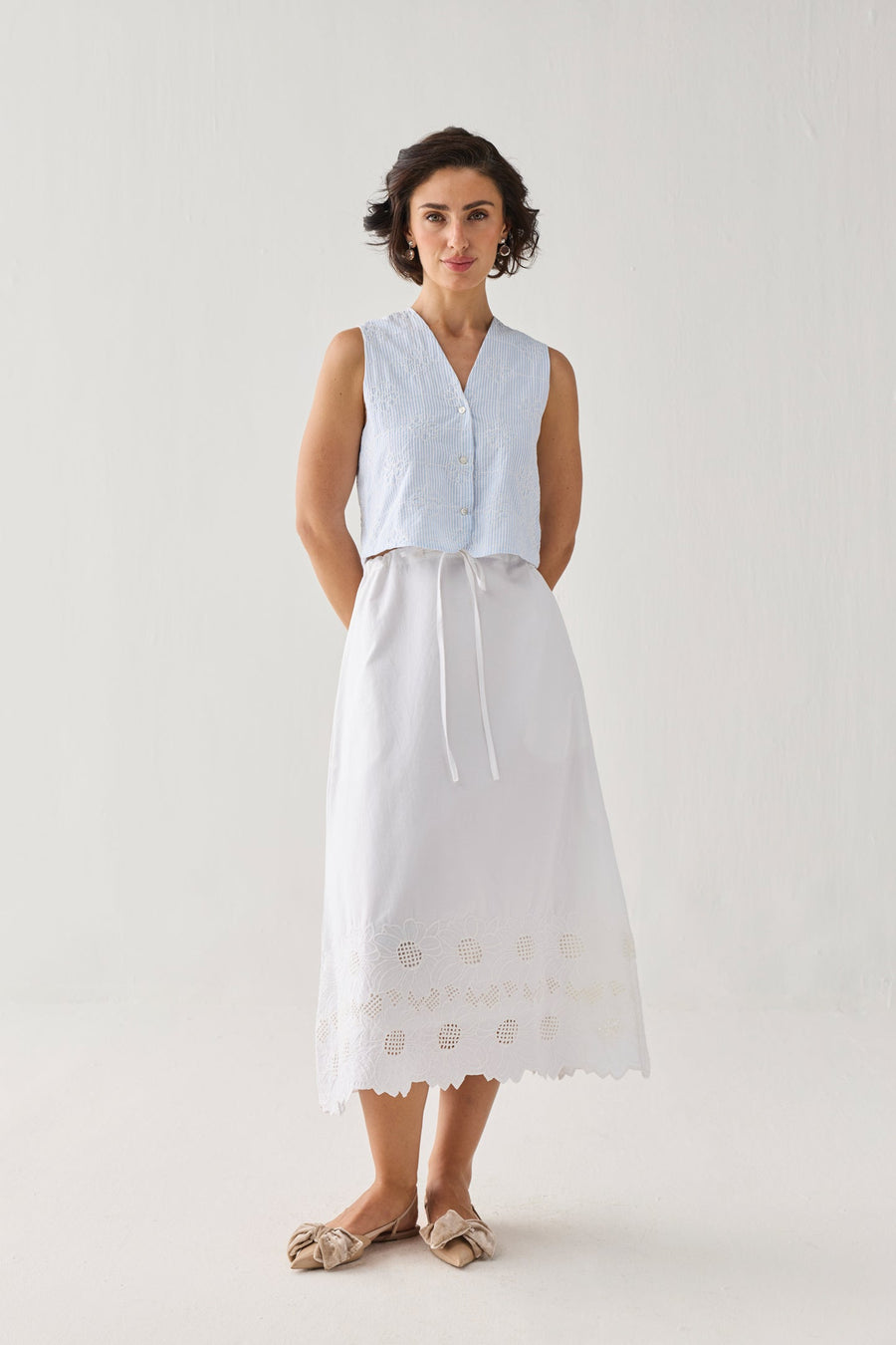 Embroidered Midi Skirt in White