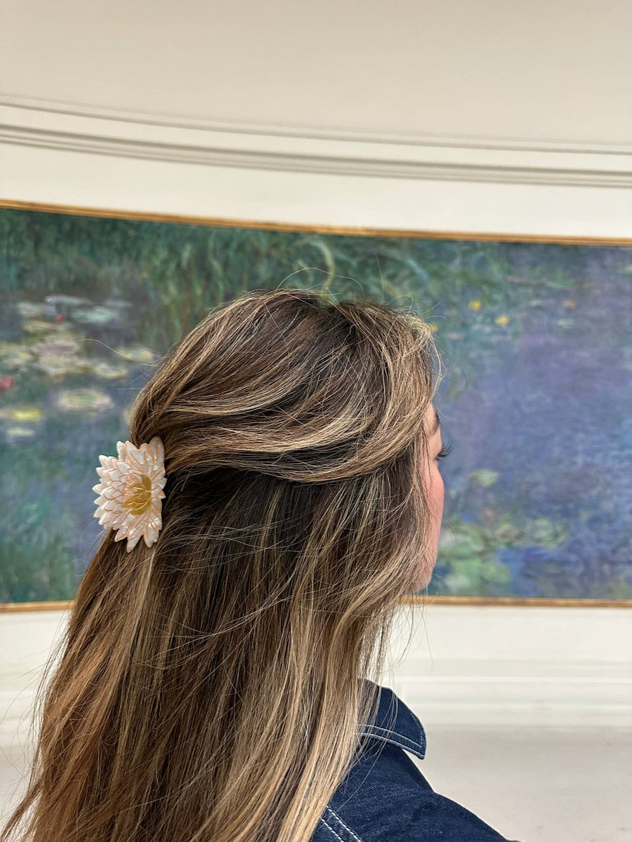 Solar Eclipse Hand-painted Waterlily Flower Claw Hair Clip in White - handcrafted hair clip