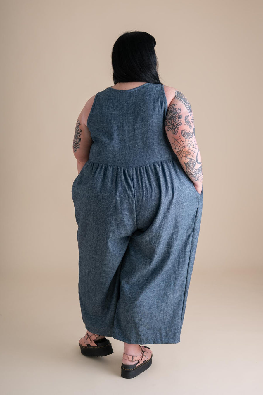 Conscious Clothing Backyard Jumpsuit in Indigo Chambray - plus size jumpsuit, product view