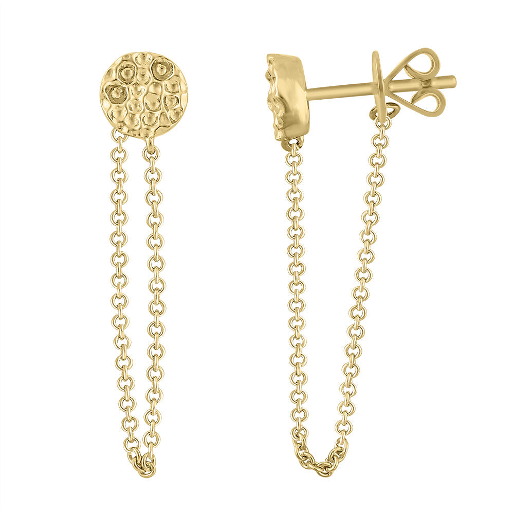A pair of hammered stud earrings with a chain hoop detail connecting to the post back in yellow gold on a white background