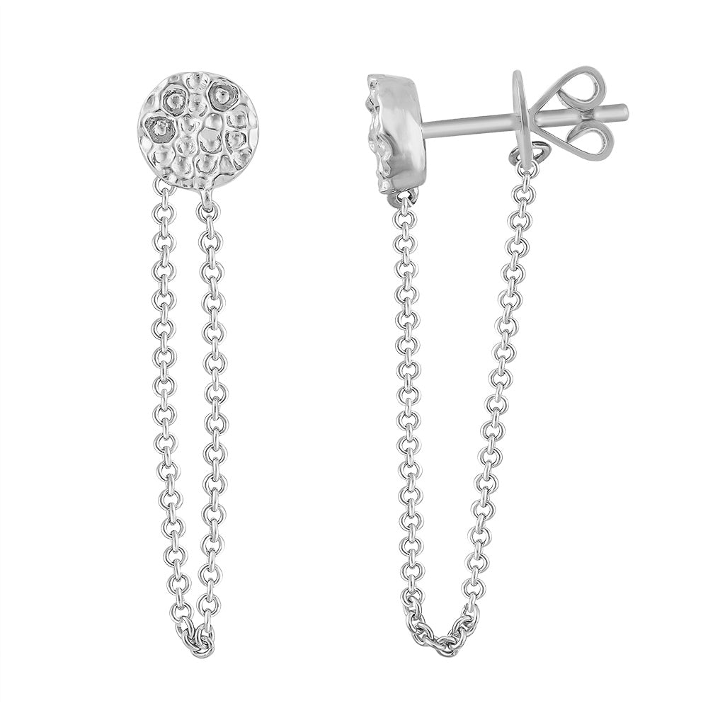 A pair of hammered stud earrings with a chain hoop detail connecting to the post back in silver on a white background