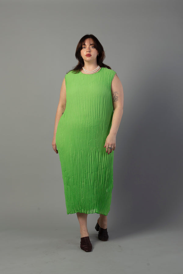 Baacal Jaya Pleated Dress in Reversible Lime/Sage Green - plus size dress, product view