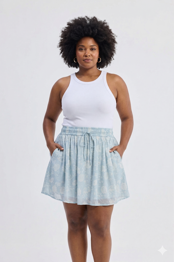Reistor Drawstring Short Skirt in Blue Florals - plus size skirt, front view