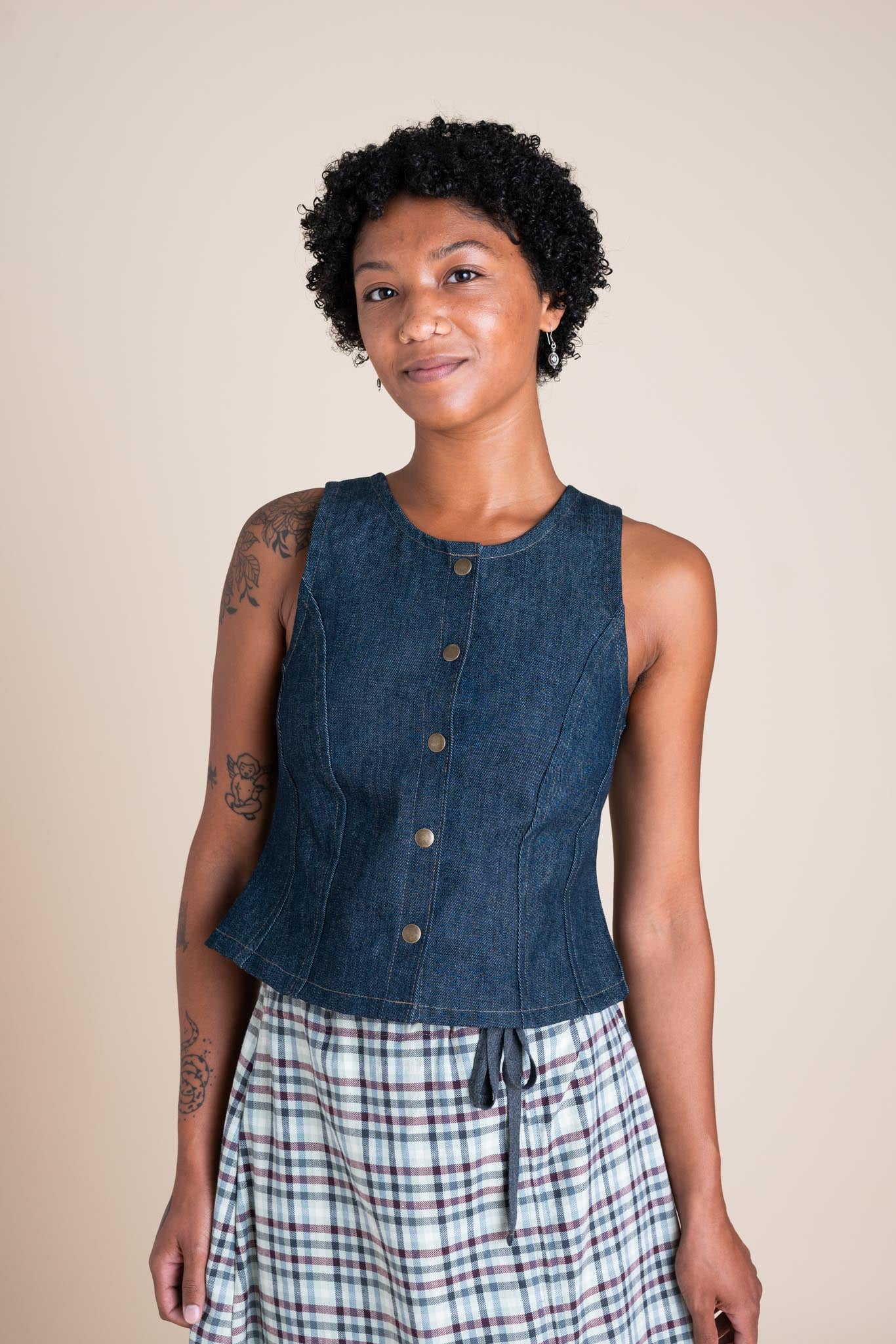 Conscious Clothing Katherine Vest in Cone Denim - plus size vest, product view