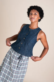 Conscious Clothing Katherine Vest in Cone Denim - plus size vest, product view