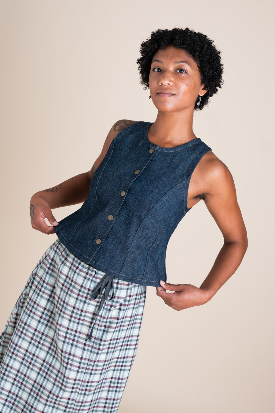 Conscious Clothing Katherine Vest in Cone Denim - plus size vest, product view