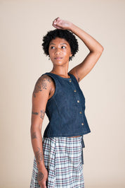 Conscious Clothing Katherine Vest in Cone Denim - plus size vest, product view