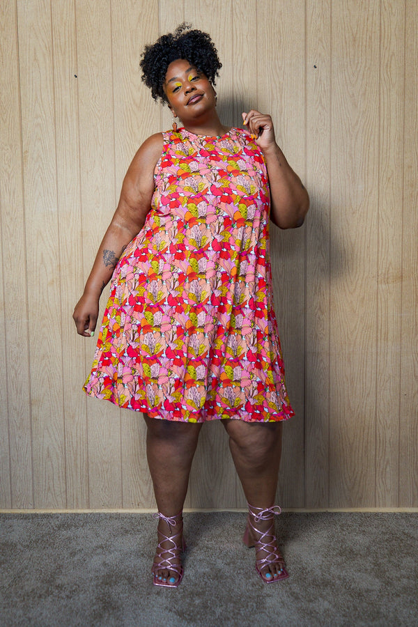 Tamara Malas Cara Dress Lavender Galaxy Floral print sleeveless A-line silhouette front view on plus size model