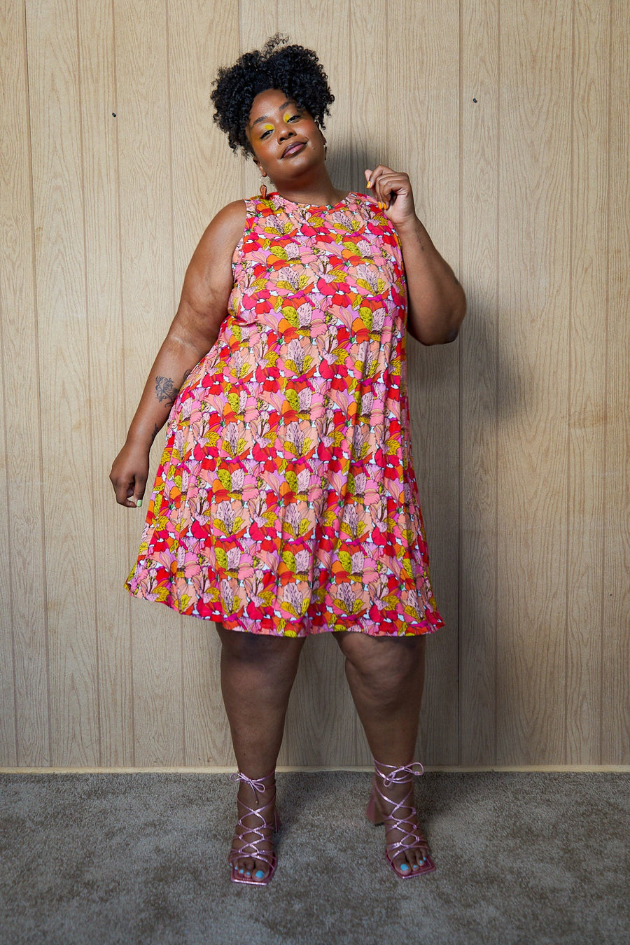 Tamara Malas Cara Dress Lavender Galaxy Floral print sleeveless A-line silhouette front view on plus size model