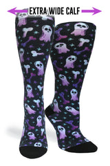 Product shot highlighting the Extra Wide Calf fit version of the Haunting Bones compression socks.