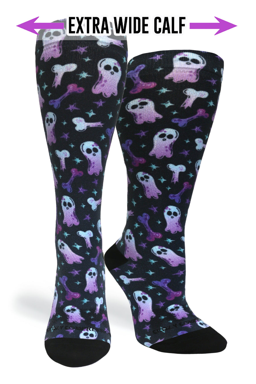 Product shot highlighting the Extra Wide Calf fit version of the Haunting Bones compression socks.