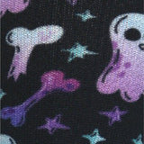 High-resolution fabric close-up showing the knit structure and vibrant purple and blue ghost and bone pattern detail.