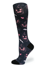 Back and side profile view of the Jill-O-Lantern compression sock highlighting heel placement and continuous pattern.