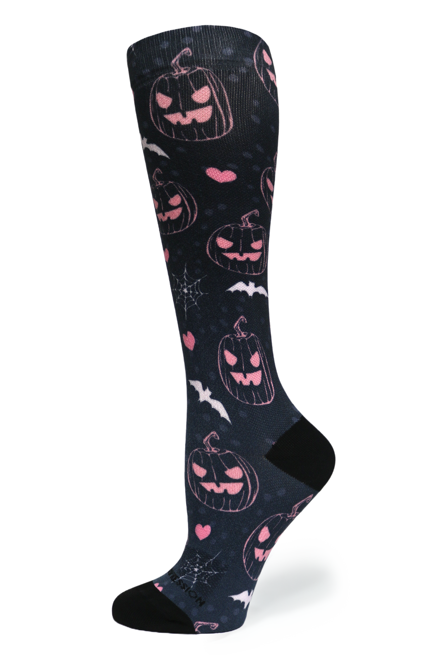 Back and side profile view of the Jill-O-Lantern compression sock highlighting heel placement and continuous pattern.
