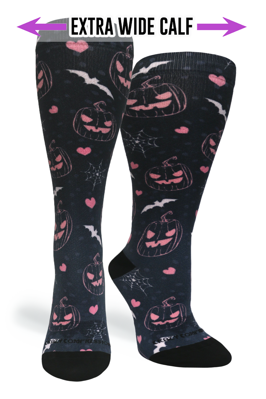 Product photograph showcasing the Extra Wide Calf version of the Jill-O-Lantern compression socks.