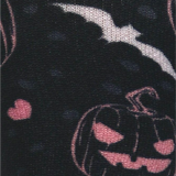 High-resolution close-up fabric shot detailing the knit texture of a pink jack-o'-lantern, heart, and white bat on black material.