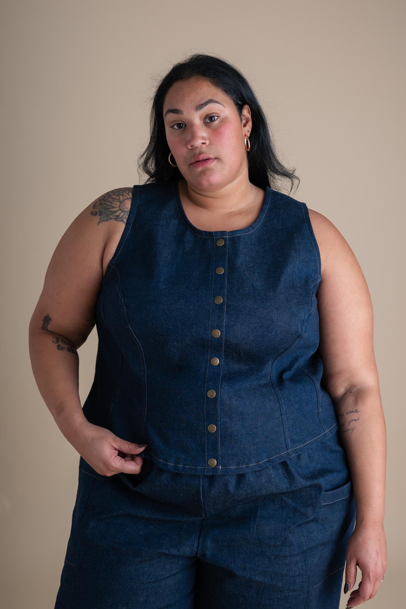 Conscious Clothing Katherine Vest in Cone Denim - plus size vest, product view