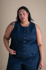 Conscious Clothing Katherine Vest in Cone Denim - plus size vest, product view