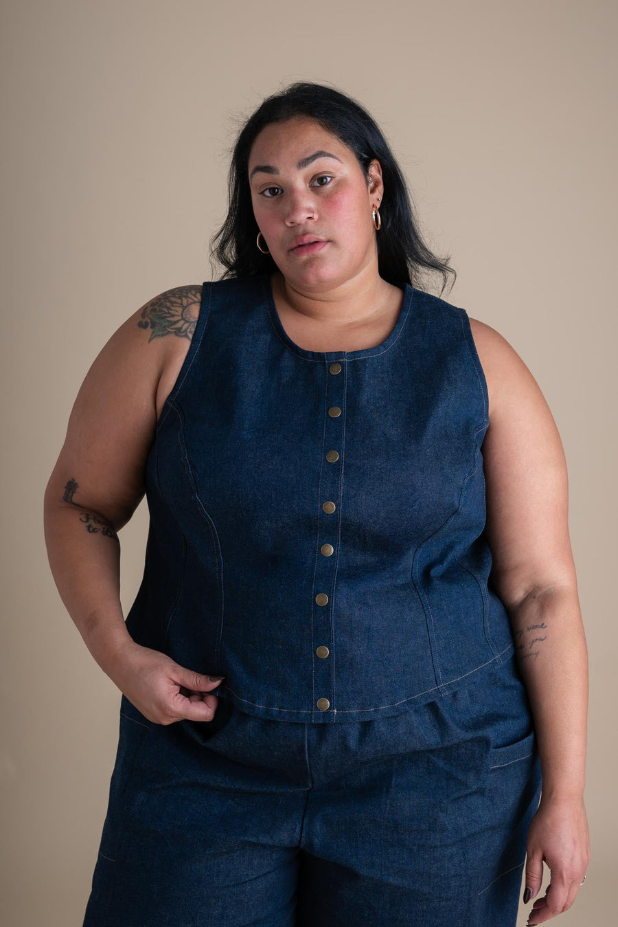 Conscious Clothing Katherine Vest in Cone Denim - plus size vest, product view
