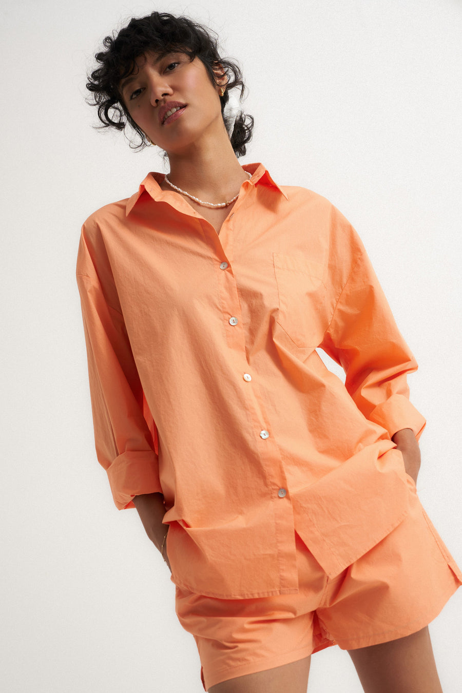 Be Idle The Poplin Button Down - Peach - plus size garment, product view