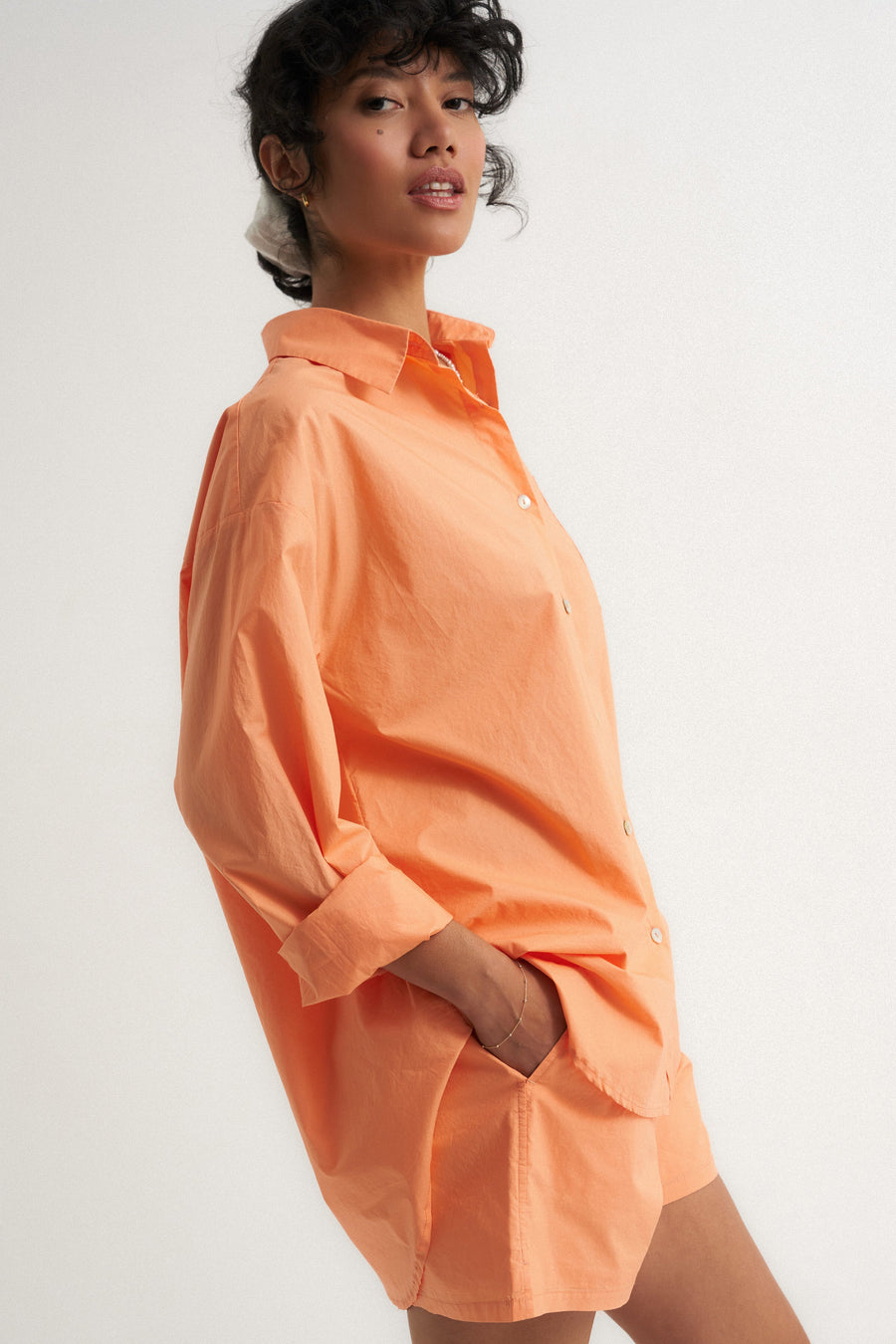 Be Idle The Poplin Button Down - Peach - plus size garment, product view