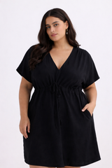 Reistor Short Gathered Dress in Black - plus size dress, product view