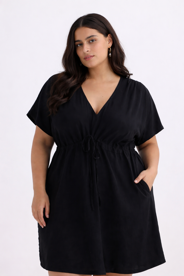 Reistor Short Gathered Dress in Black - plus size dress, product view