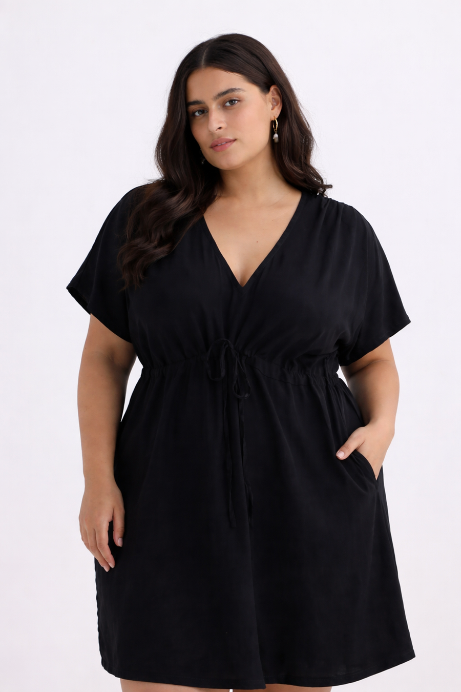 Reistor Short Gathered Dress in Black - plus size dress, product view