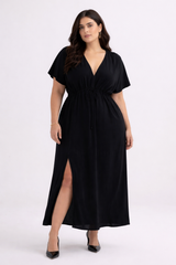 Reistor V-neck Gathered Maxi Dress in Black - plus size maxi dress, product view