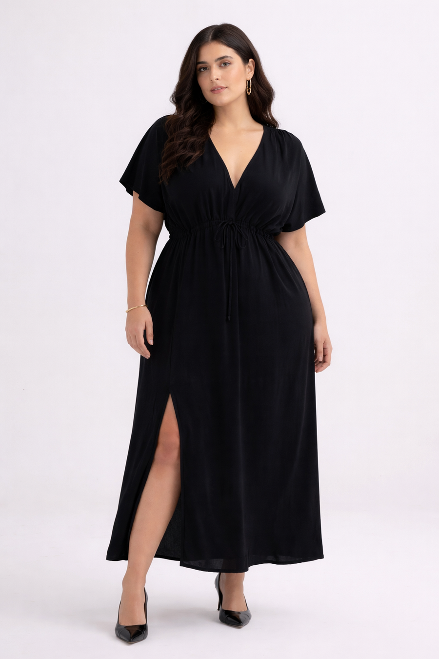 Reistor V-neck Gathered Maxi Dress in Black - plus size maxi dress, product view