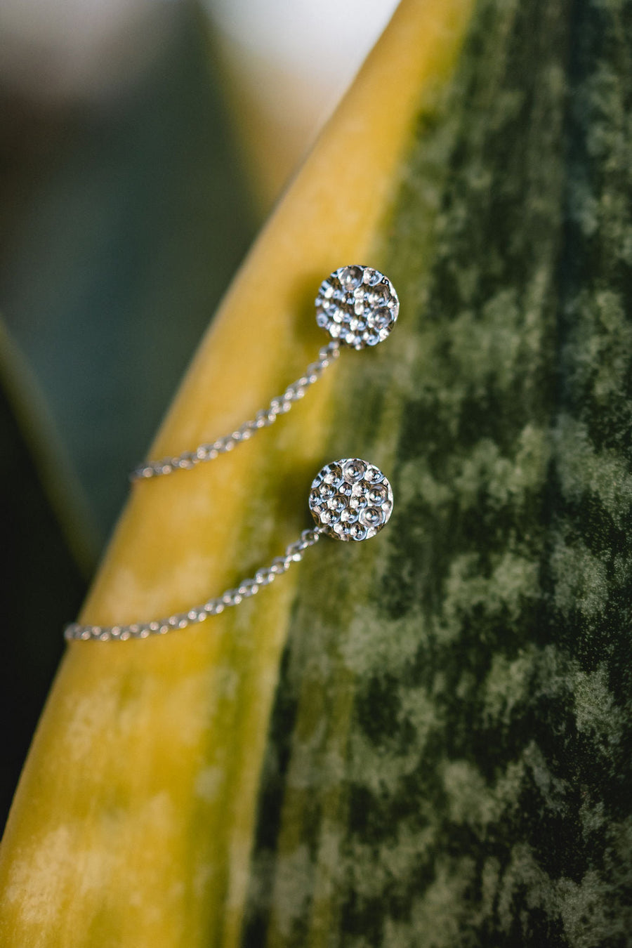 Chouette Designs A close detail shot of the chain hoops in silver on a leaf