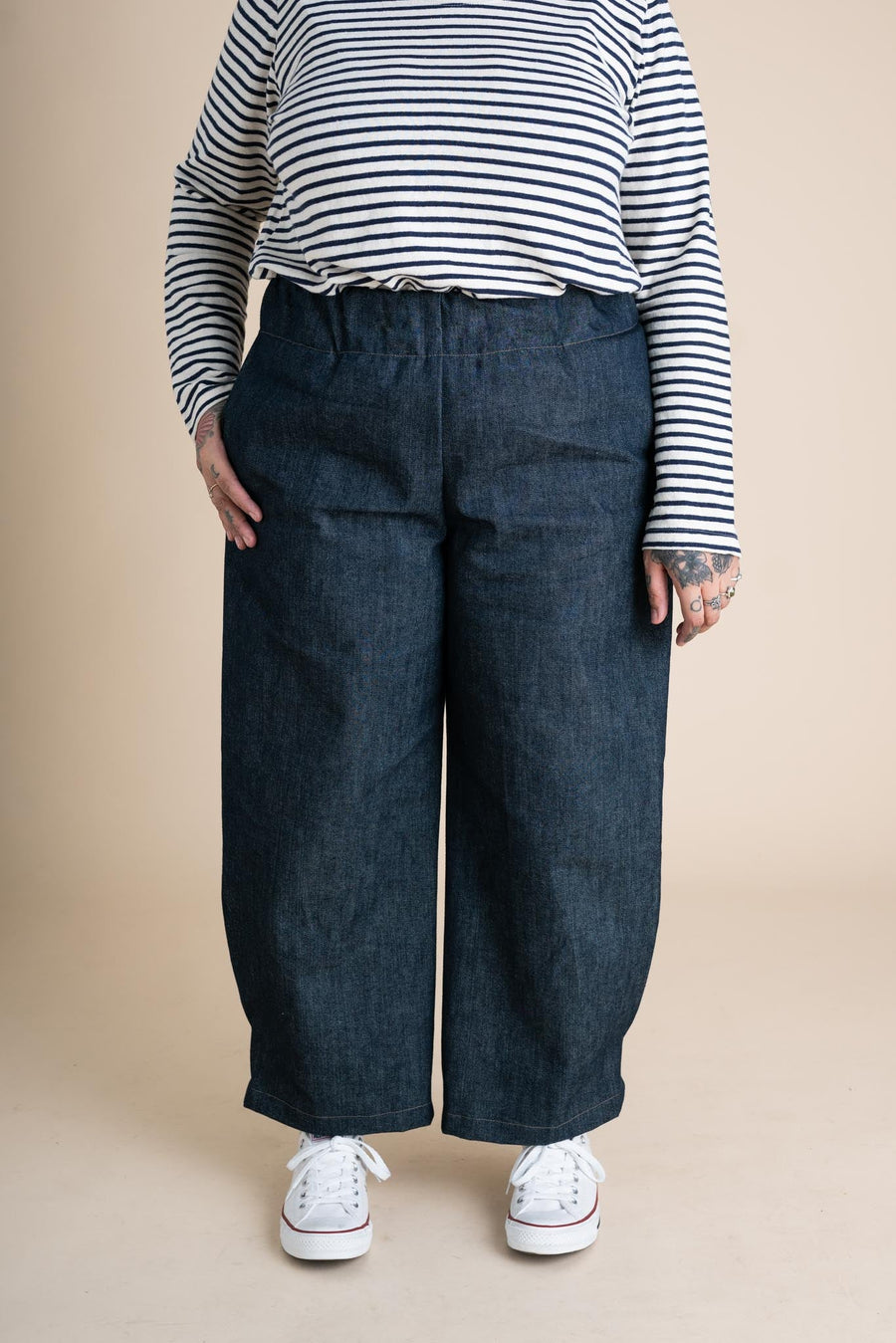 Conscious Clothing Crescent Moon Pants in Cone Denim - plus size pant, product view