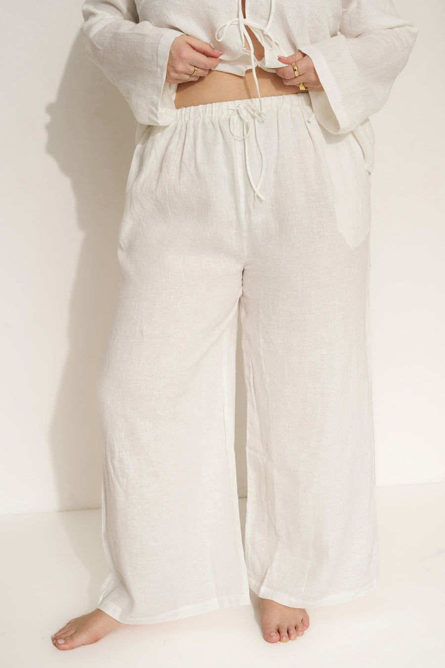 Be Idle The Linen Drawstring Pant - White - plus size pant, product view