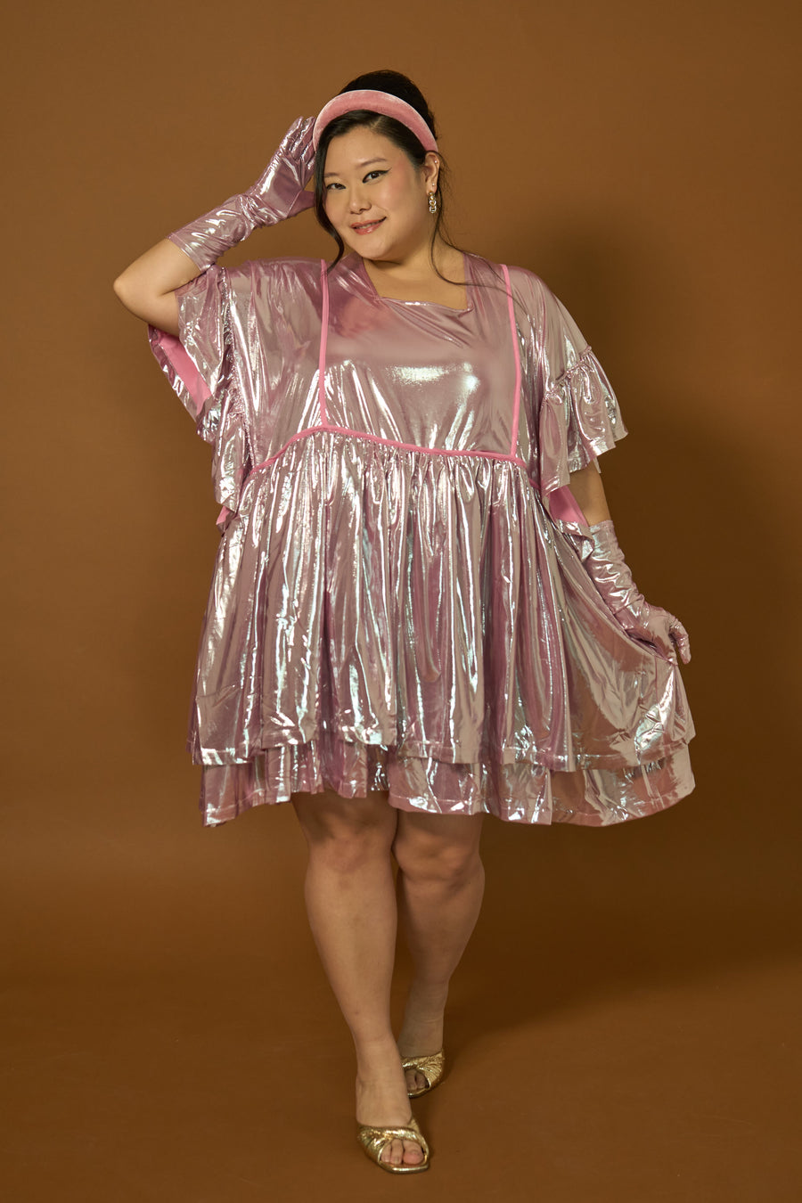Tamara Malas Dolly Dress Pink Metal metallic shiny oversized mini dress full body view on plus size model