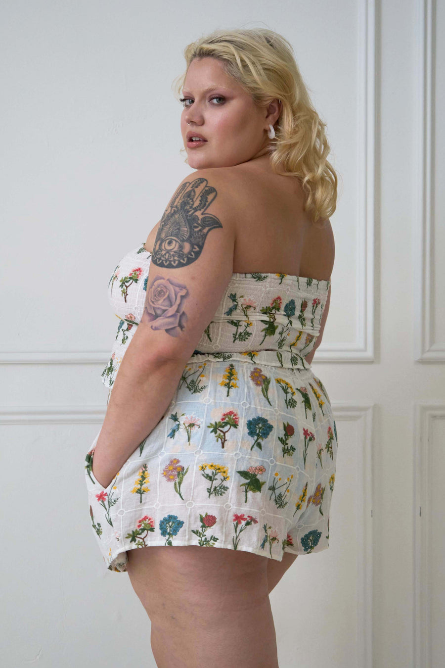 Tamara Malas Harlow Short cream floral smocked pattern side profile view on plus size model