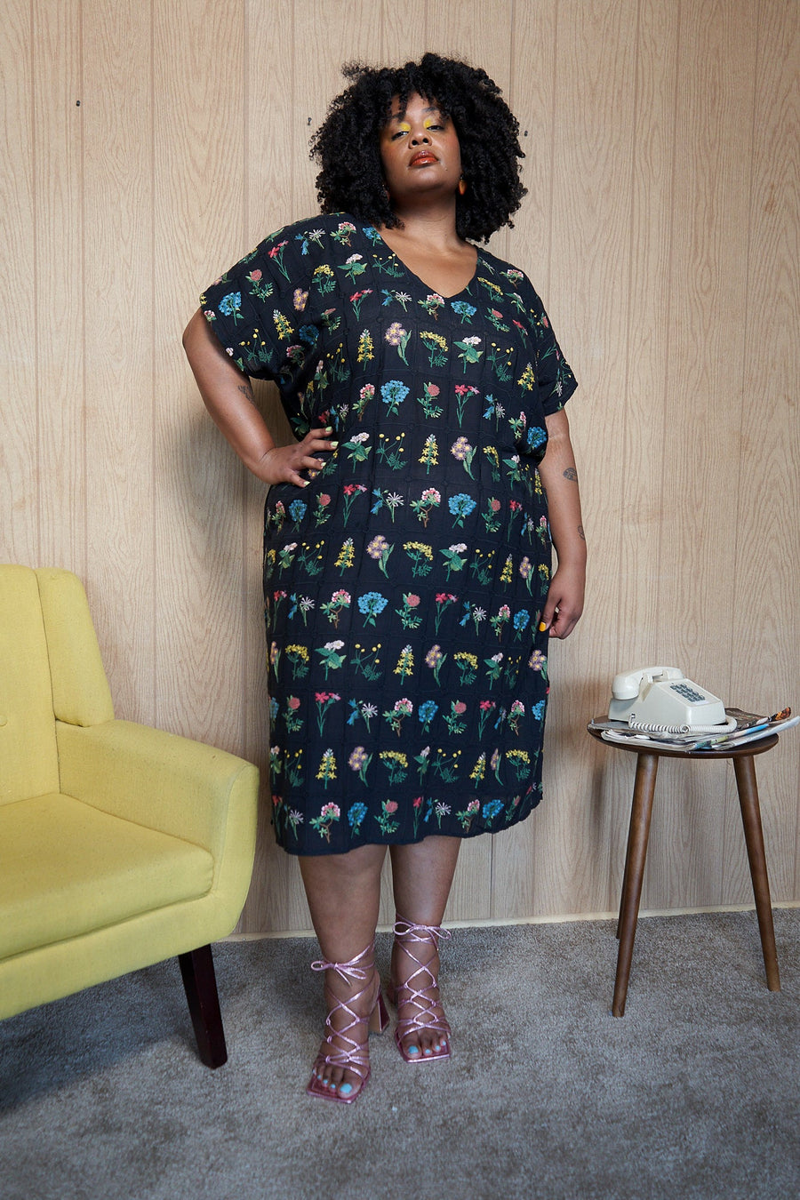 Tamara Malas Dune Dress Cotton Long black floral print loose fit front full body view on plus size model