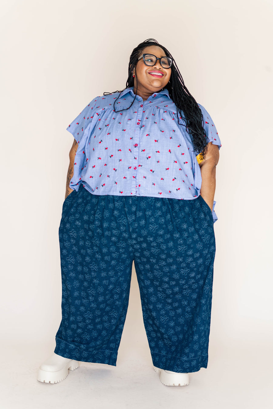 Nettle Studios Button Mushroom Top in Cornflower Cherry Cotton - plus size top, product view