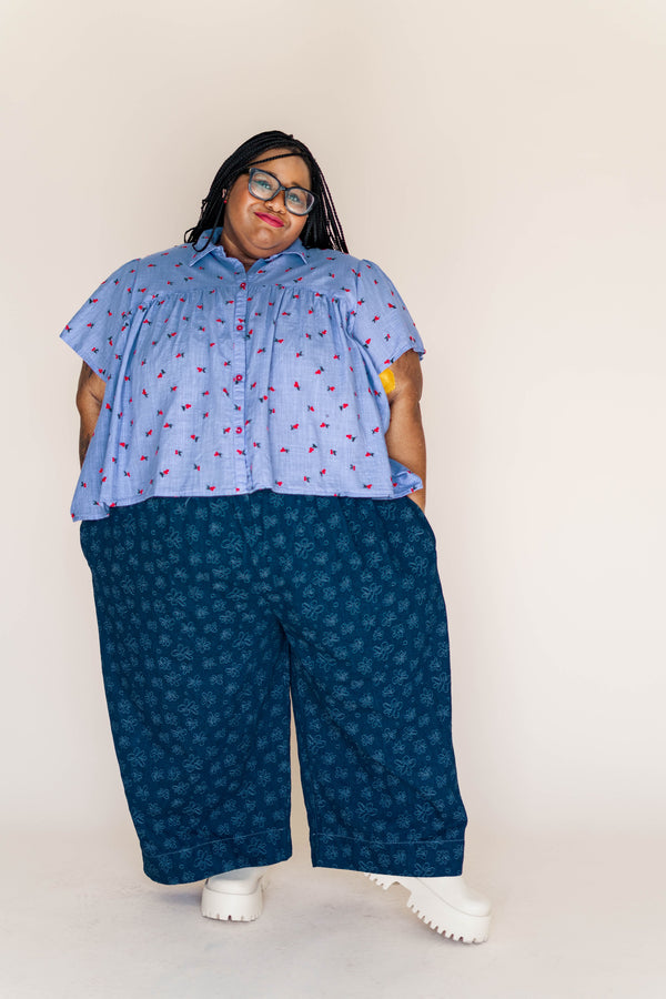 Nettle Studios Button Mushroom Top in Cornflower Cherry Cotton - plus size top, product view