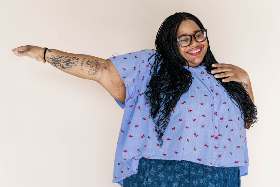 Nettle Studios Button Mushroom Top in Cornflower Cherry Cotton - plus size top, product view