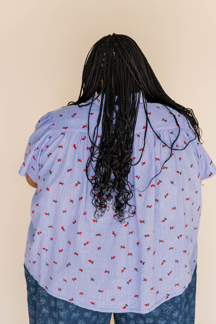Nettle Studios Button Mushroom Top in Cornflower Cherry Cotton - plus size top, product view