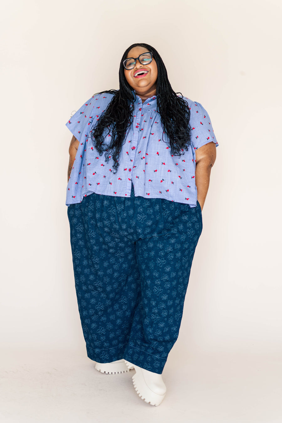 Nettle Studios Button Mushroom Top in Cornflower Cherry Cotton - plus size top, product view