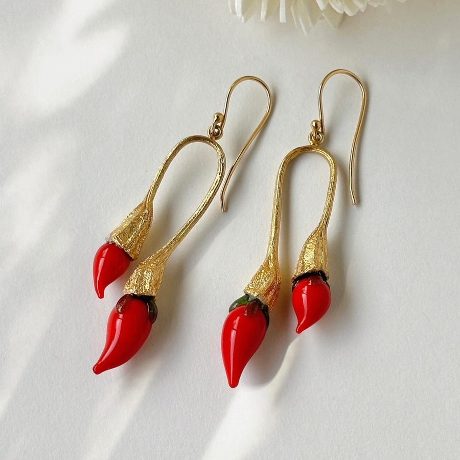 Fyoli Fyoli Gold Plated MIRCHI CHILI Pod Earrings in Red - women's artisan earrings
