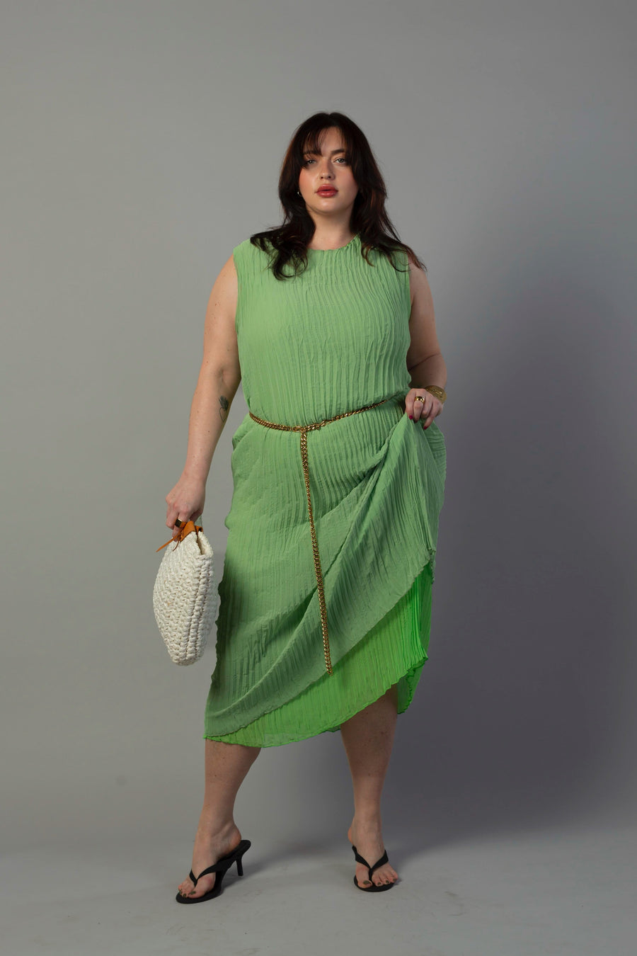 Baacal Jaya Pleated Dress in Reversible Lime/Sage Green - plus size dress, product view