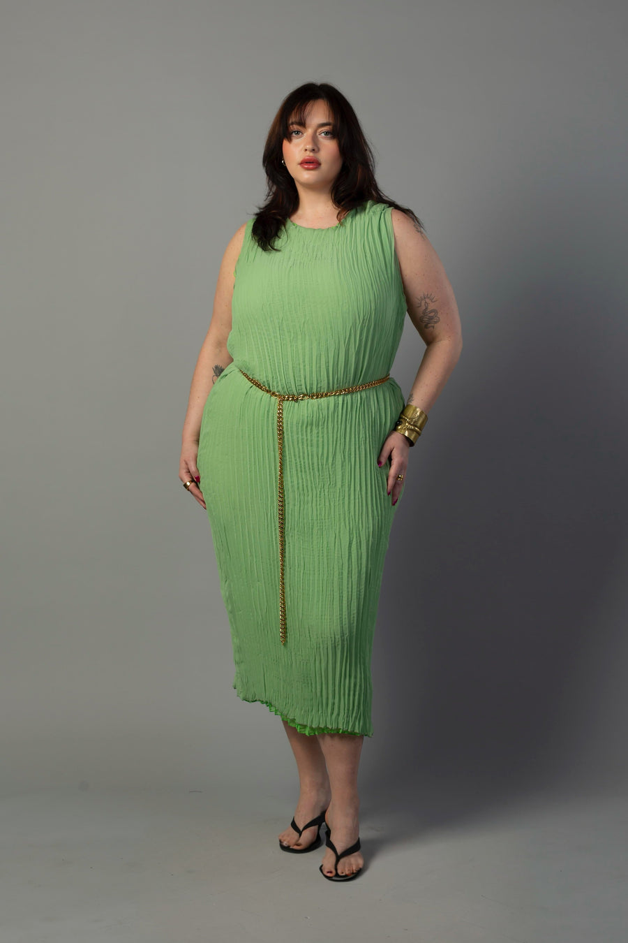 Baacal Jaya Pleated Dress in Reversible Lime/Sage Green - plus size dress, product view