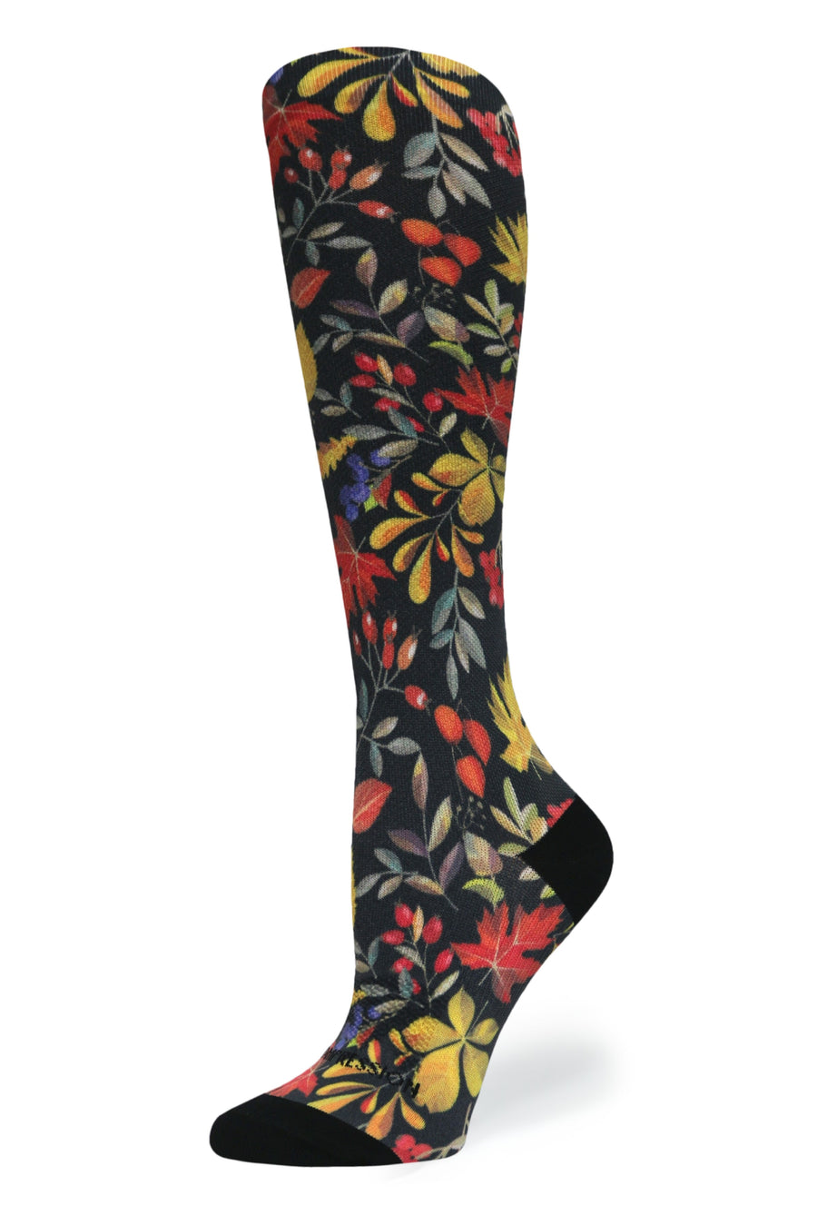 Side profile perspective of the Falls Back knee-high compression sock highlighting foot and leg coverage.