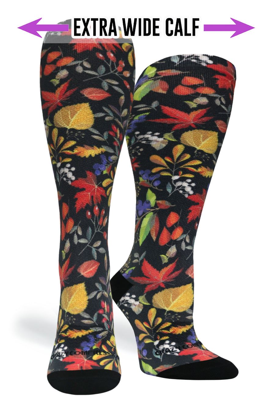 Product shot highlighting the Extra Wide Calf version of the Falls Back compression socks.