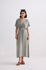Flowy A-Line Maxi Dress with Side Slits in Light Olive Front