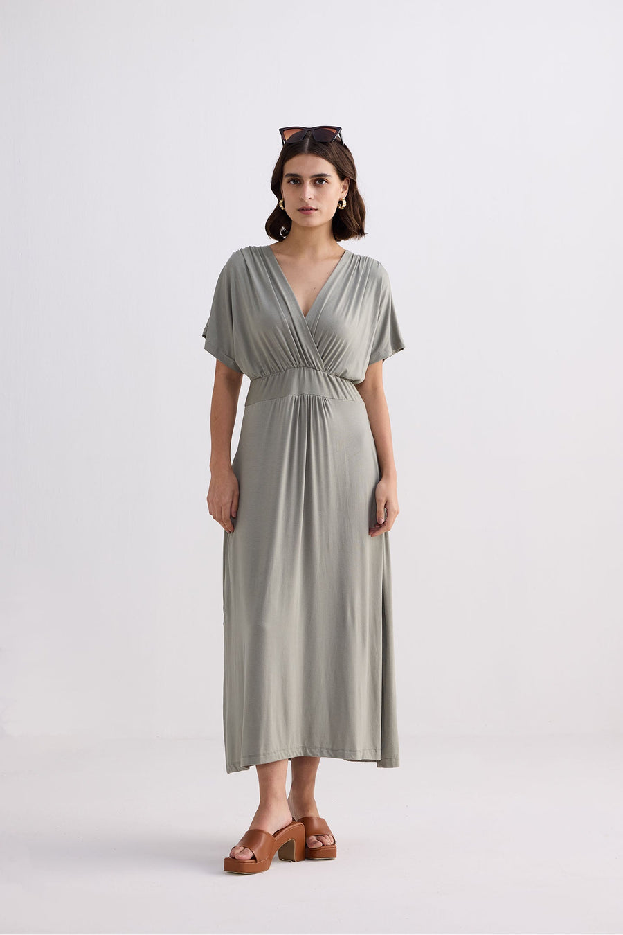 Flowy A-Line Maxi Dress with Side Slits in Light Olive Front
