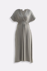Flowy A-Line Maxi Dress with Side Slits in Light Olive Flat Lay